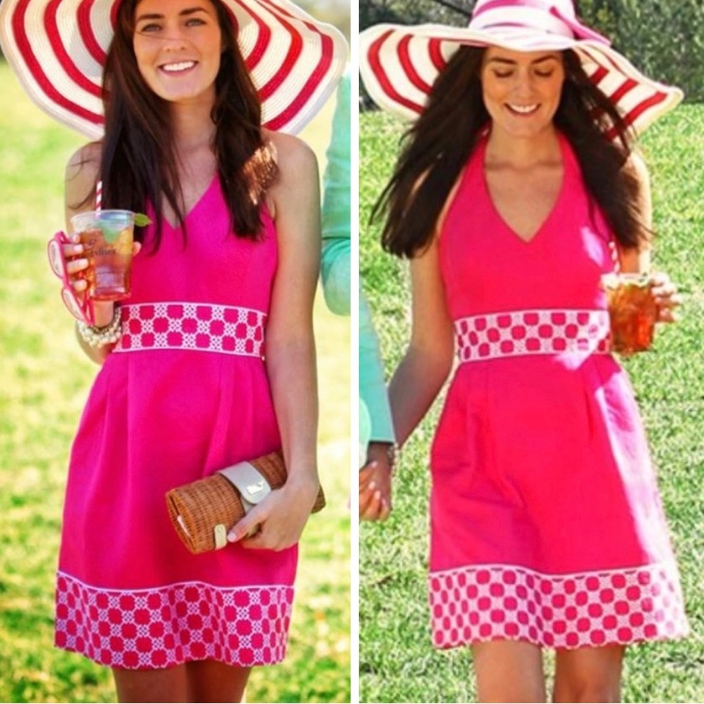 Vineyard Vines Hot Pink Sleeveless Mini Dress with White Geometric Trim